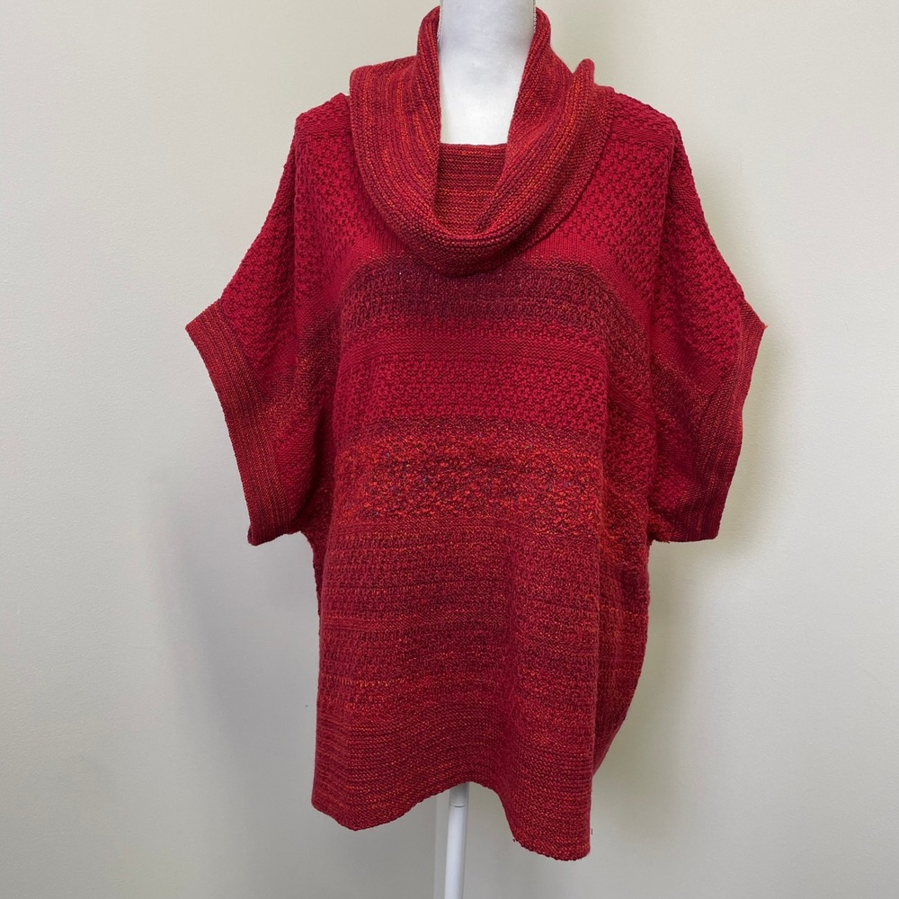 Coldwater Creek Womens 2X Red Cowl Neck Knit Poncho Sweater Space Dye Cotton